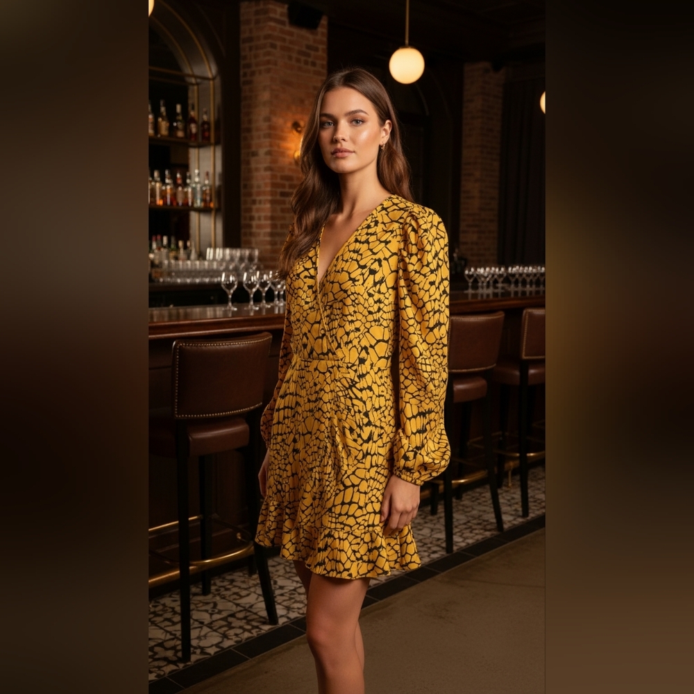 Yellow and Black Patterned Long Sleeve Lightweight Mini Dress Y2K Party Whimsy